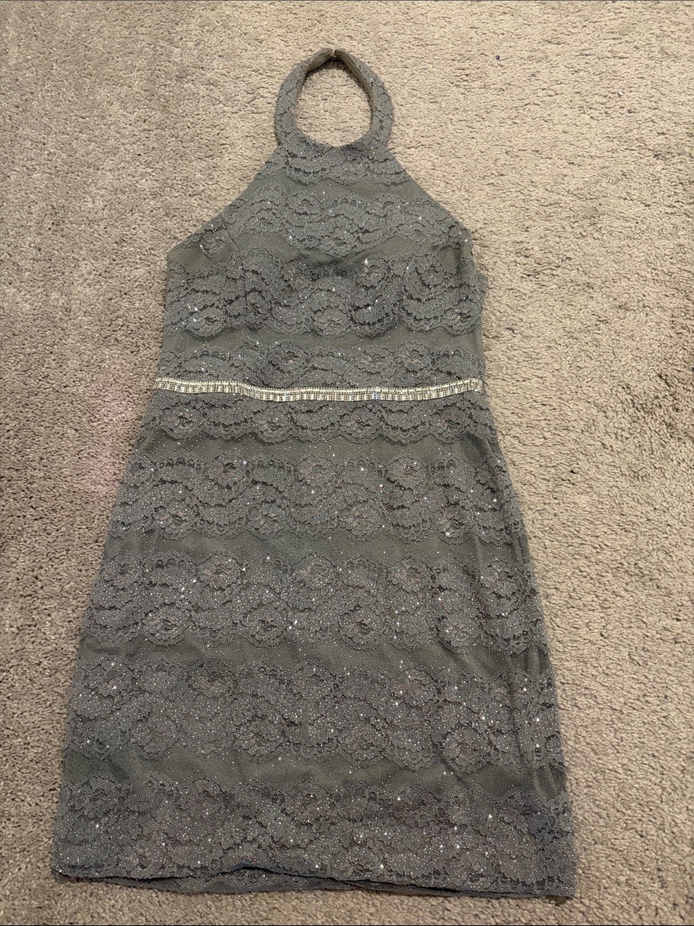 One-Shoulder Olive Lace Cocktail Dress with Beaded Waist
